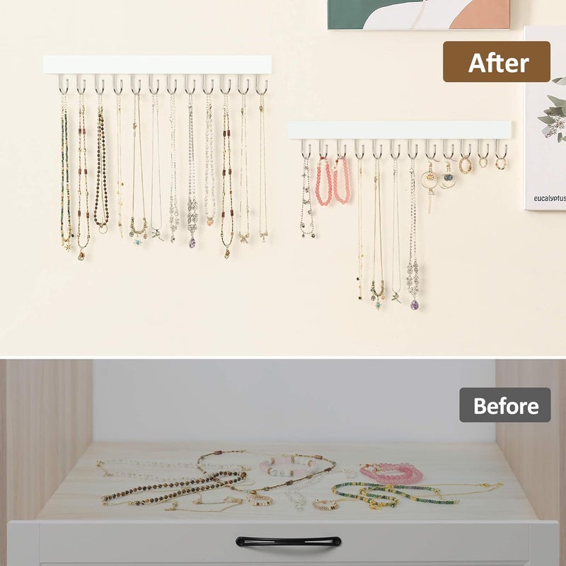 ZEDODIER 2 Pack Necklace Organizer Wall Mount, Wooden Jewelry Hanger Necklace Holder with 24 Hooks,Hanging Jewelry Organizer, White - Image 2